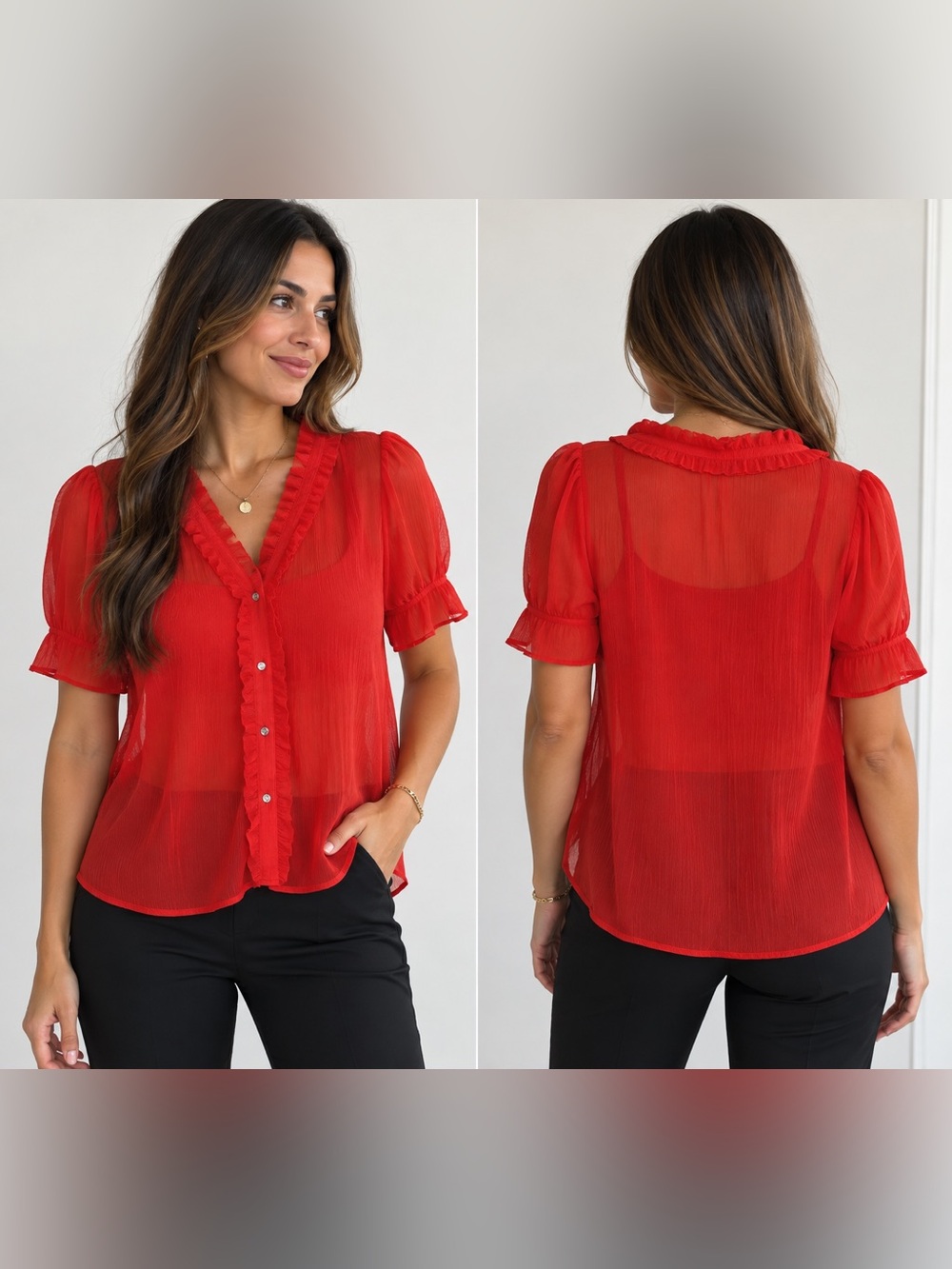 CeCe Red Ruffle-Neck Sheer Blouse with detachable matching tank top